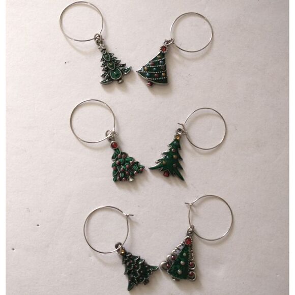 Christmas Tree Wine Glass Markers Charms Set Of 6 Rhinestones Enameled Metal.  - Picture 11 of 14